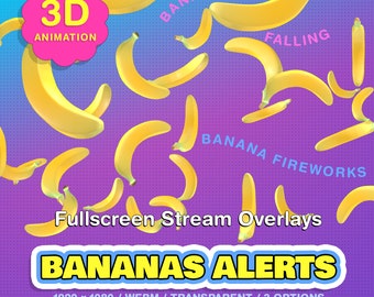 May include: A purple and blue background with yellow 3D animated bananas falling from the top of the image. The text "BANANAS ALERTS" is in a white box with a yellow outline. The text "1920 x 1080 / WEBM / TRANSPARENT / 3 OPTIONS" is below the box. The text "SaragusDigital" is at the bottom of the image.