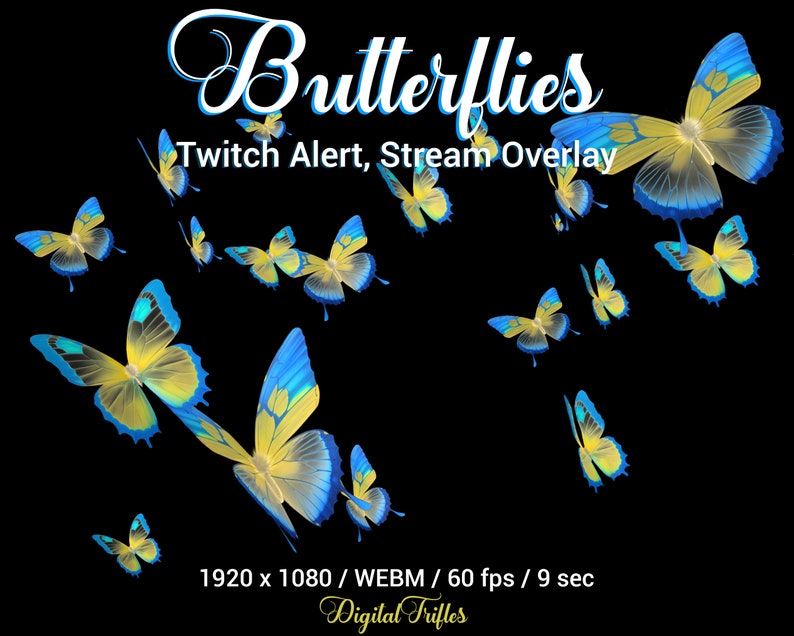 Butterflies Animated Twitch Overlay, Beautiful Stream Alert, Blue and