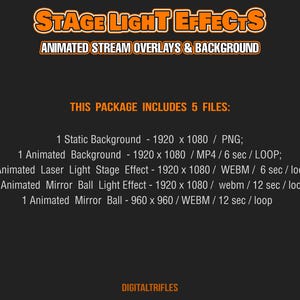May include: A black and orange graphic with the text "STAGE LIGHT EFFECTS" in large, bold letters. The text "ANIMATED STREAM OVERLAYS & BACKGROUND" is below the main text. The text "THIS PACKAGE INCLUDES 5 FILES:" is in the center of the image. Below this text is a list of five files included in the package, with descriptions of each file, including dimensions, file type, and duration.