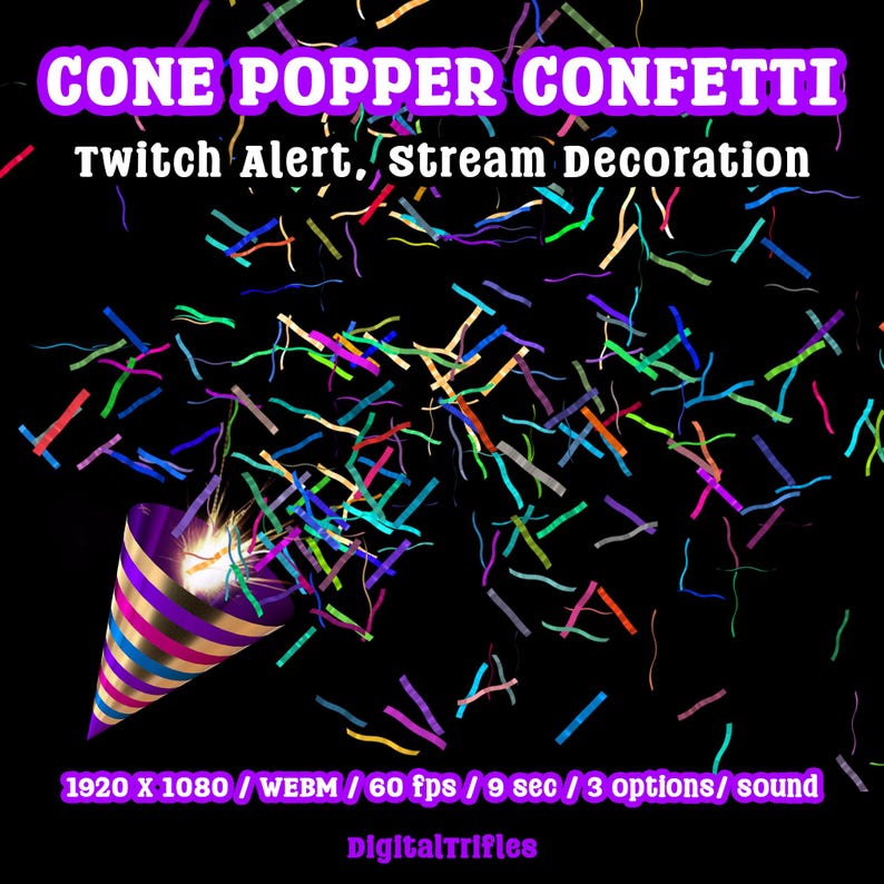 Animated confetti cannon stream alert for streamers and VTubers — WEBM with transparent background and sound, 3 layout options