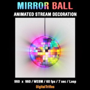 Mirror ball stream decoration, animated Twitch overlay, rotating disco ball with sparkle facets. Cute aesthetic colorful light asset for live stream parties, gaming or just chatting