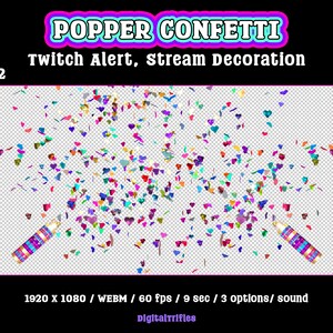 Heart confetti cannon, animated Twitch alert for streamers and VTubers, 3 designs. Suitable for stream celebration moments such as raids, milestones, donations, or special stream events. WEBM format with a transparent background and sound