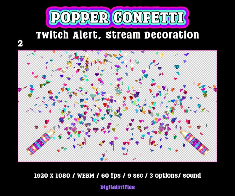 Heart confetti cannon, animated Twitch alert for streamers and VTubers, 3 designs. Suitable for stream celebration moments such as raids, milestones, donations, or special stream events. WEBM format with a transparent background and sound