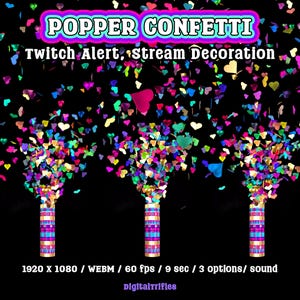 Heart confetti cannon, animated Twitch alert for streamers and VTubers, 3 designs. Suitable for stream celebration moments such as raids, milestones, donations, or special stream events. WEBM format with a transparent background and sound