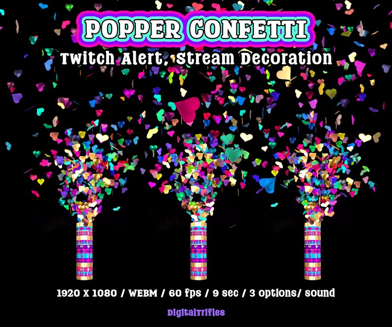 Heart confetti cannon, animated Twitch alert for streamers and VTubers, 3 designs. Suitable for stream celebration moments such as raids, milestones, donations, or special stream events. WEBM format with a transparent background and sound