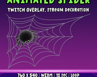 May include: An animated spider Twitch overlay with a black, furry spider on a web. The background is purple with a retro grid design. Text includes "ANIMATED SPIDER" and "TWITCH OVERLAY, STREAM DECORATION."