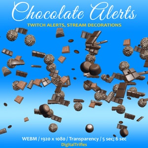 Puede incluir: GIF animado de varios caramelos y barras de chocolate que caen sobre un fondo azul. El texto "Chocolate Alerts" y "Twitch Alerts, Stream Decorations" está en la parte superior de la imagen. El texto "WEBM / 1920 x 1080 / Transparency / 5 sec; 6 sec" y "DigitalTrifles" está en la parte inferior de la imagen.