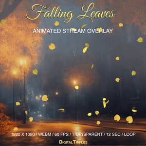 Twitch overlay falling yellow leaves, fall animated Vtuber asset, cozy stream decorations, transparent background, WEBM