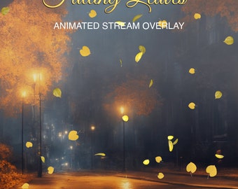 May include: Animated stream overlay featuring falling leaves in a foggy forest setting with streetlights. The overlay is 1920 x 1080 pixels, in WEBM format, 60 frames per second, transparent, 12 seconds long, and loops.