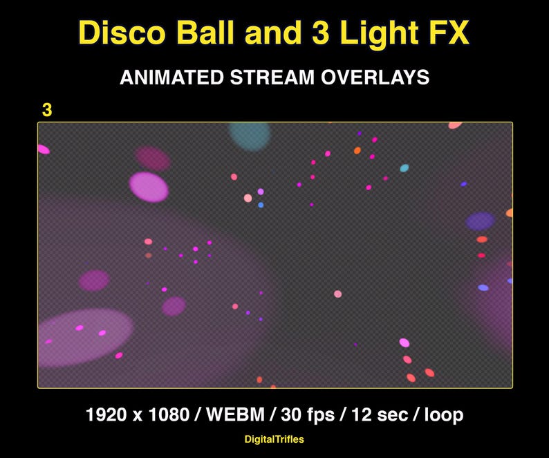Animated stage light overlay package for streamers and VTubers. This pack brings dynamic light beams and effects, creating a vivid and professional stage look. And also a cool animated disco ball with golden glitter. These seamless, smoothly looping visuals with transparent backgrounds can be used as overlays or backgrounds in your stream setup