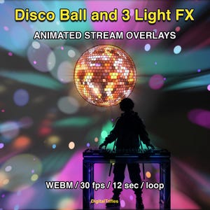 Animated stage light overlay package for streamers and VTubers. This pack brings dynamic light beams and effects, creating a vivid and professional stage look. And also a cool animated disco ball with golden glitter. These seamless, smoothly looping visuals with transparent backgrounds can be used as overlays or backgrounds in your stream setup
