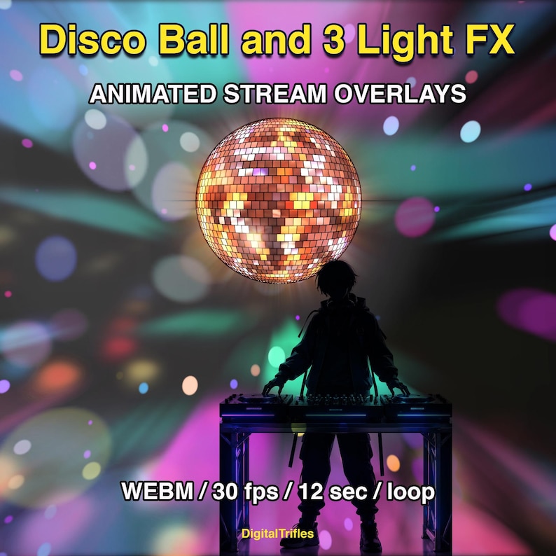 Animated stage light overlay package for streamers and VTubers. This pack brings dynamic light beams and effects, creating a vivid and professional stage look. And also a cool animated disco ball with golden glitter. These seamless, smoothly looping visuals with transparent backgrounds can be used as overlays or backgrounds in your stream setup