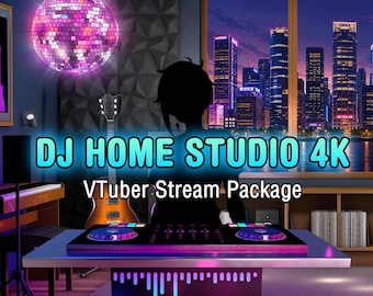 May include: A digital graphic featuring a silhouette of a person at a DJ controller with the text DJ HOME STUDIO 4K VTuber Stream Package and DigitalTrifles. The scene includes a disco ball, a guitar, and a city skyline view through a window.