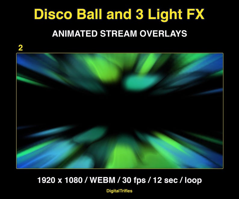Animated stage light overlay package for streamers and VTubers. This pack brings dynamic light beams and effects, creating a vivid and professional stage look. And also a cool animated disco ball with golden glitter. These seamless, smoothly looping visuals with transparent backgrounds can be used as overlays or backgrounds in your stream setup