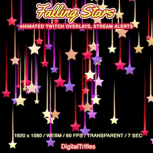 Alerta de Twitch de estrellas fugaces, decoración de transmisión animada, linda superposición nocturna de estrellas brillantes, fondo transparente