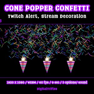 Animated confetti cannon stream alert for streamers and VTubers — WEBM with transparent background and sound, 3 layout options