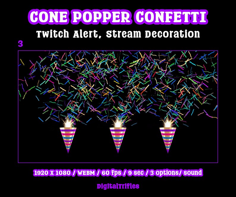 Animated confetti cannon stream alert for streamers and VTubers — WEBM with transparent background and sound, 3 layout options