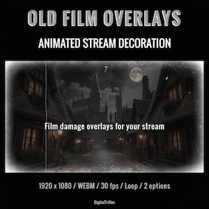 Animated vintage film Twitch or YouTube stream overlays with old movie texture and retro cinema effects. Loop stream decoration with transparent background. This pack includes 2 seamless loop overlays inspired by aged film stock, featuring scratches, dust, flicker, and analog projector atmosphere