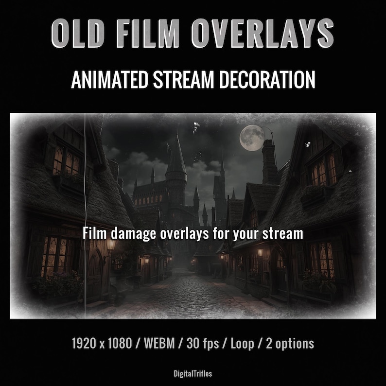 Animated vintage film Twitch or YouTube stream overlays with old movie texture and retro cinema effects. Loop stream decoration with transparent background. This pack includes 2 seamless loop overlays inspired by aged film stock, featuring scratches, dust, flicker, and analog projector atmosphere