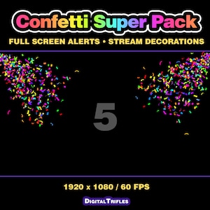 3D multicolor confetti Twitch alerts and fullscreen stream overlays. A high-value pack offering a wide range of confetti animations in one set. A fun and lively overlay for streamers and VTubers to celebrate stream activity, events, and goals, new followers, subs, donations, raids, and more.
This set includes 10 variations with different directions and behaviors — top, bottom, center, and corner bursts, single and multi-shot effects, plus a smooth loop