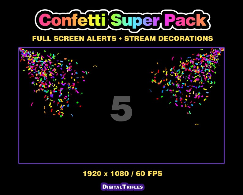 3D multicolor confetti Twitch alerts and fullscreen stream overlays. A high-value pack offering a wide range of confetti animations in one set. A fun and lively overlay for streamers and VTubers to celebrate stream activity, events, and goals, new followers, subs, donations, raids, and more.
This set includes 10 variations with different directions and behaviors — top, bottom, center, and corner bursts, single and multi-shot effects, plus a smooth loop