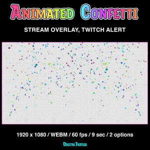 Animated Twitch alerts confetti shooting, stream overlays with transparent background, full screen stream decoration, bright multicolored star confetti, 2 options - single shot and double