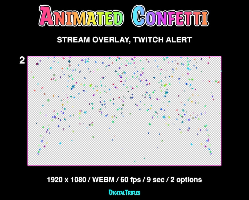 Animated Twitch alerts confetti shooting, stream overlays with transparent background, full screen stream decoration, bright multicolored star confetti, 2 options - single shot and double