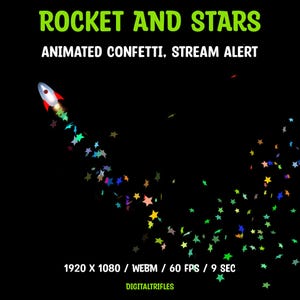 Animated Stream Overlay Rocket and Confetti Stars, Celestial Twitch Alert, Fullscreen Decoration with Transparent Background, Stream Alert