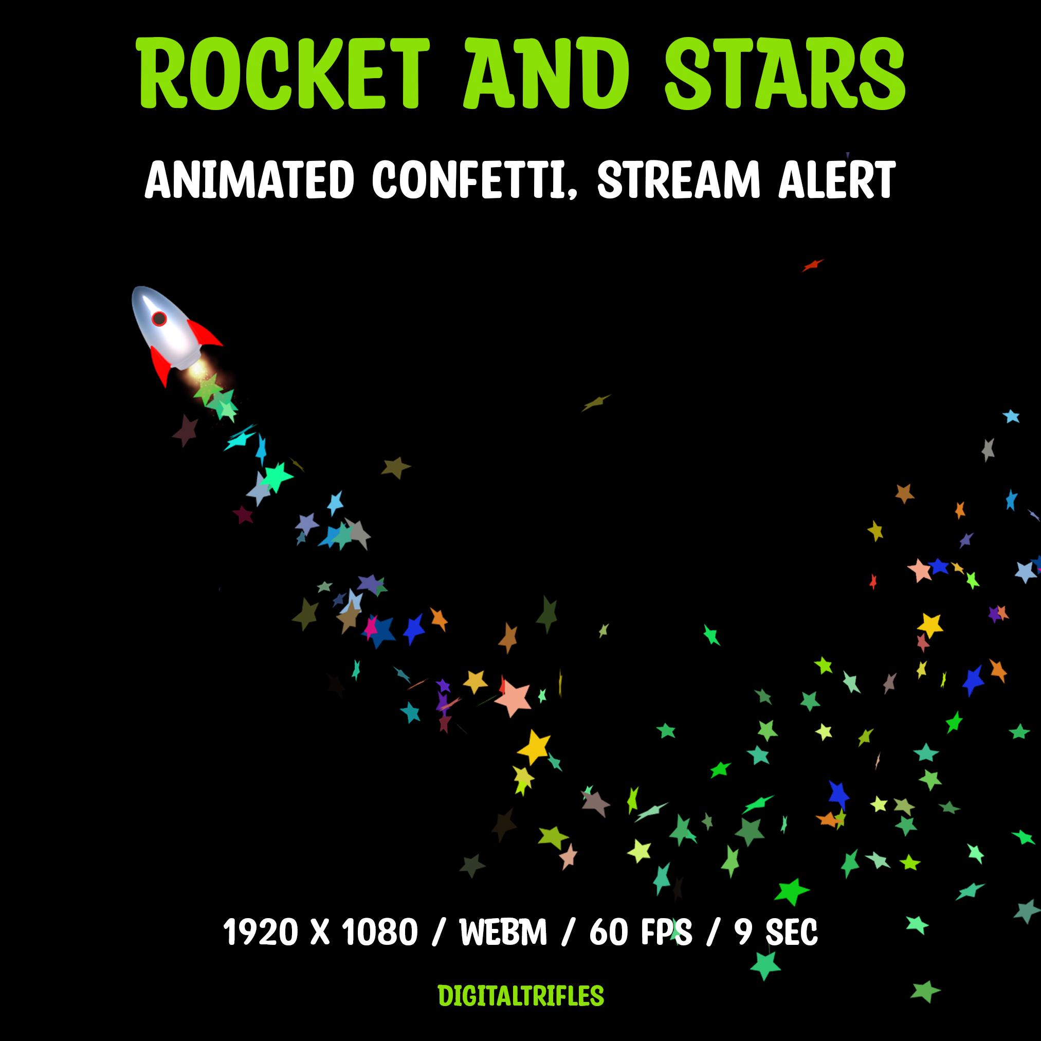 Geanimeerde stream-overlay met raket- en confettisterren, hemelse twitch-waarschuwing, decoratie op volledig scherm met transparante achtergrond, stream-waarschuwing