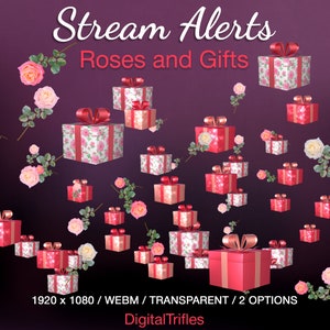 Alerty Twitch Prezenty i róże, Animowane nakładki, Alerty strumieniowe Różowe kwiaty, Konfetti, Subskrypcja prezentu, Cheer, Streamlabs, StreamElements