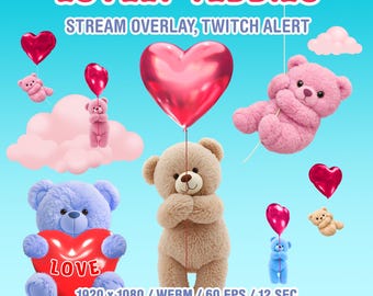 Teddy Bear Twitch Alert, Animated Celebration Overlay, Heart Balloons Stream Decoration