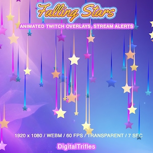 Alerta de Twitch de estrellas fugaces, decoración de transmisión animada, linda superposición nocturna de estrellas brillantes, fondo transparente