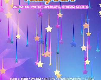 May include: Animated falling stars in various colors against a purple and blue gradient background. The text "Falling Stars" is at the top of the image. The text "ANIMATED TWITCH OVERLAYS, STREAM ALERTS" is below the title. The text "1920 x 1080 / WEBM / 60 FPS / TRANSPARENT / 7 SEC" is at the bottom of the image. The text "Digital Trifles" is at the bottom center of the image.