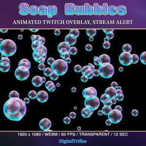 Colorful bubbles Twitch overlay, animated alert, cute stream decor, flying soap bubbles with transparent background