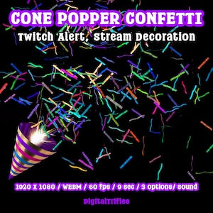 Animated confetti cannon stream alert for streamers and VTubers — WEBM with transparent background and sound, 3 layout options