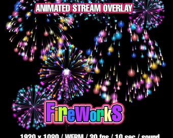 May include: Animated stream overlay featuring colorful fireworks in shades of pink, blue, yellow, and purple against a black background. The text "ANIMATED STREAM OVERLAY" is at the top, and "FireWorks" is in the center. The overlay is 1920 x 1080, WEBM, 30 fps, 10 seconds with sound.