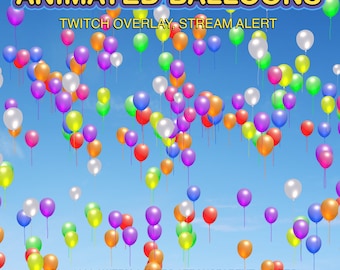 May include: Animated colorful balloons floating upwards against a blue sky. The text "ANIMATED BALLOONS" and "TWITCH OVERLAY, STREAM ALERT" is at the top of the image. The text "1920 x 1080 / WEBM / 60 FPS / TRANSPARENT / 10 SEC" and "DigitalTrifles" is at the bottom of the image.
