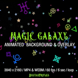 Sovrapposizione di flusso animato e sfondo virtuale, Galassia magica, Simboli volanti dell'astrologia, Tarocchi, Stregoneria, Twitch, YouTube, Loop, 4K