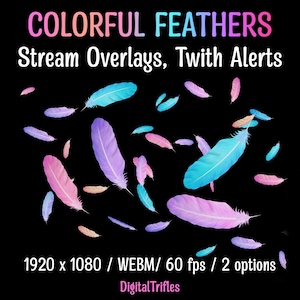 Hermosas plumas de colores cayendo, superposición de Twitch, decoración de transmisión, alertas de pantalla completa, recursos animados de Vtuber, pastel, kawaii, pájaro, ángel