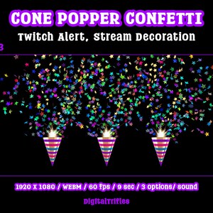 Animated star confetti cannon stream alert for streamers and VTubers — WEBM with transparent background and sound, 3 layout options