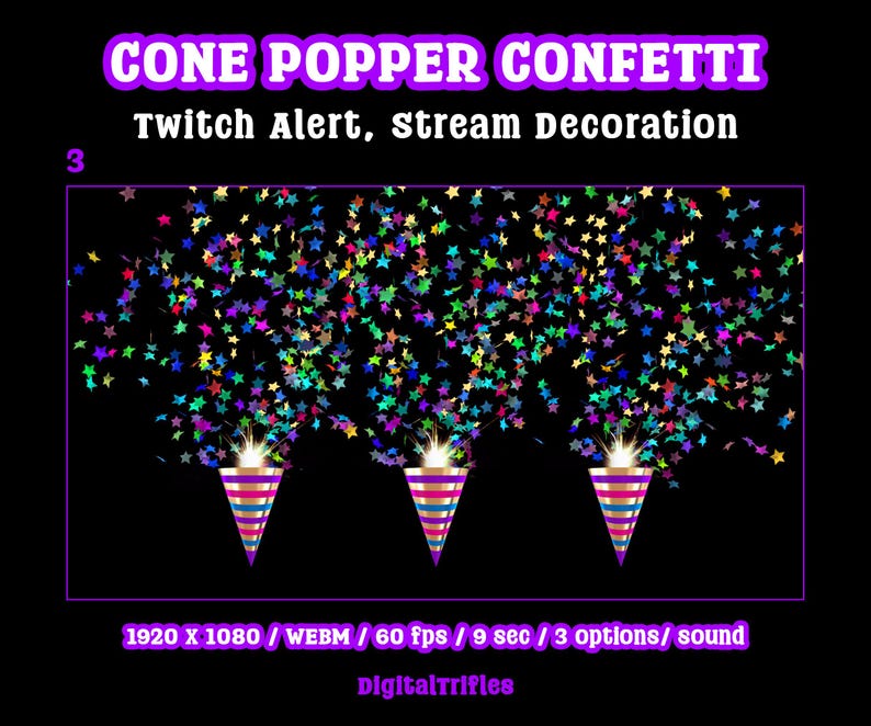 Animated star confetti cannon stream alert for streamers and VTubers — WEBM with transparent background and sound, 3 layout options