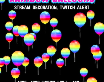 May include: Animated GIF of rainbow colored balloons floating against a black background. The text "RAINBOW BALLOONS" and "STREAM DECORATION, TWITCH ALERT" is at the top of the image. The text "1920 x 1080 / WEBM / 60fps / 10 sec" and "Digital Trifles" is at the bottom of the image.
