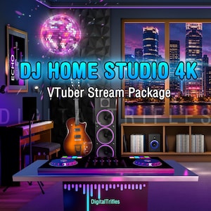 Könnte beinhalten: Eine digitale Grafik eines DJ-Heimstudios mit Mischpult, Gitarre, Lautsprecherturm und Discokugel. Der Text lautet DJ HOME STUDIO 4K, VTuber Stream Package und DigitalTrifles. Die Szene ist vor einer nächtlichen Skyline einer Stadt dargestellt.