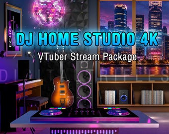 May include: A digital graphic featuring a DJ home studio with a mixing console, a guitar, a speaker tower, and a disco ball. The text reads DJ HOME STUDIO 4K, VTuber Stream Package, and DigitalTrifles. The scene is set against a city skyline view.