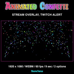 Animated Twitch alerts confetti shooting, stream overlays with transparent background, full screen stream decoration, bright multicolored star confetti, 2 options - single shot and double
