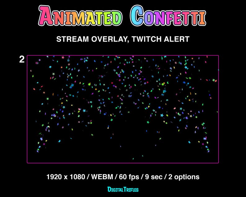 Animated Twitch alerts confetti shooting, stream overlays with transparent background, full screen stream decoration, bright multicolored star confetti, 2 options - single shot and double