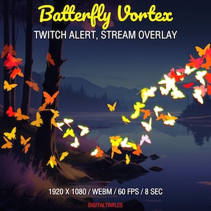 Puede incluir: Ilustración digital para una superposición de transmisión, titulada "Batterfly Vortex". La imagen presenta una escena nocturna azul oscuro con un lago y montañas. Se representan mariposas naranjas, amarillas y blancas en vuelo. El texto incluye "TWITCH ALERT, STREAM OVERLAY."