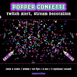 Heart confetti cannon, animated Twitch alert for streamers and VTubers, 3 designs. Suitable for stream celebration moments such as raids, milestones, donations, or special stream events. WEBM format with a transparent background and sound