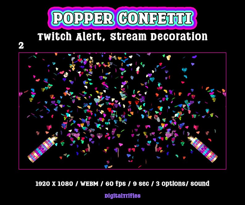 Heart confetti cannon, animated Twitch alert for streamers and VTubers, 3 designs. Suitable for stream celebration moments such as raids, milestones, donations, or special stream events. WEBM format with a transparent background and sound
