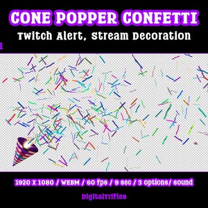 Animated confetti cannon stream alert for streamers and VTubers — WEBM with transparent background and sound, 3 layout options